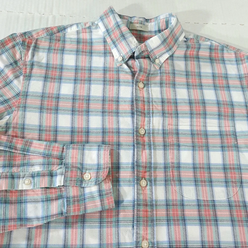 J Crew Slim Fit Plaid Organic Cotton Broken In Oxford Shirt